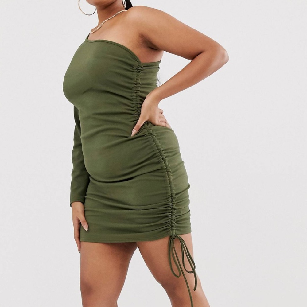 One shoulder long sleeve ruched dress